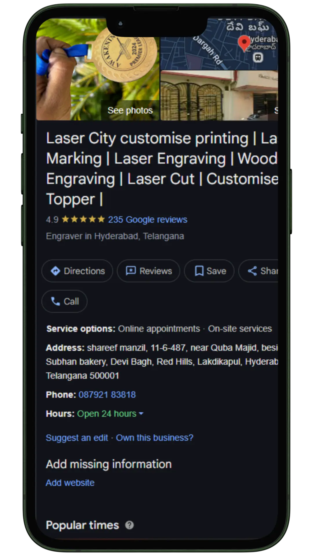 Mobile view of a Google Business Profile optimized by Giggle Tap